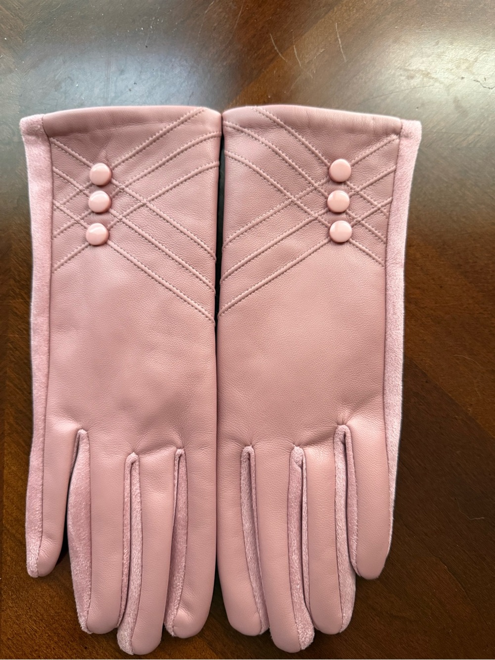 Women’s Pink Faux Leather Gloves with Button Detail S/M